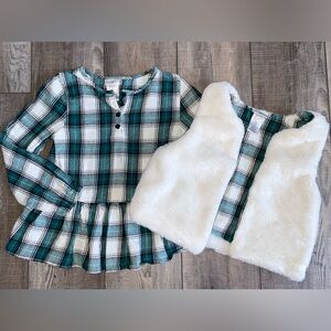 Max Studio Green Black Plaid Ruffle Top Set White Fur Vest Matching 7 8